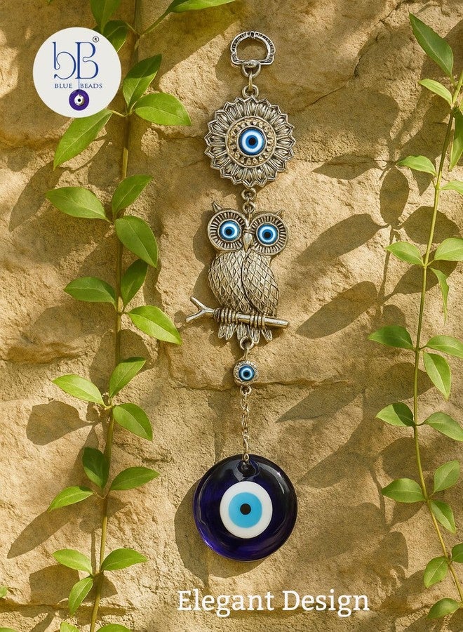 BLUE BEADS خرز أزرق معدني لتزيين المنزل، يُعلق على الحائط أو السيارة، مزين بزينة بومة الحظ وعين زرقاء، تميمة معلقة لجلب الحظ والحماية والبركة للسيارة والمنزل والمكتب. - Image 5